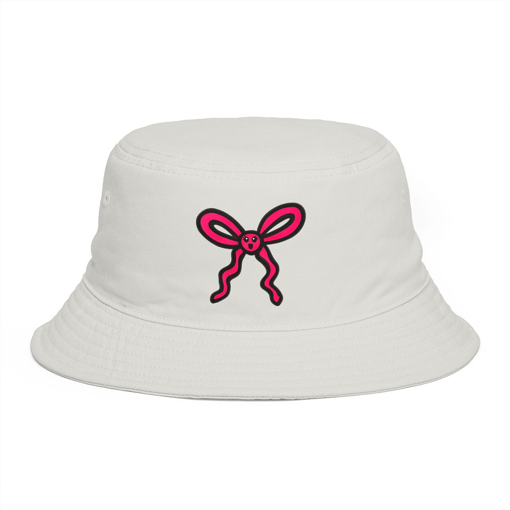 Hand-Drawn Pink Ribbon Bunny Logo Bucket Hat | Cute Minimal Bow Hat