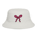 Hand-Drawn Pink Ribbon Bunny Logo Bucket Hat | Cute Minimal Bow Hat