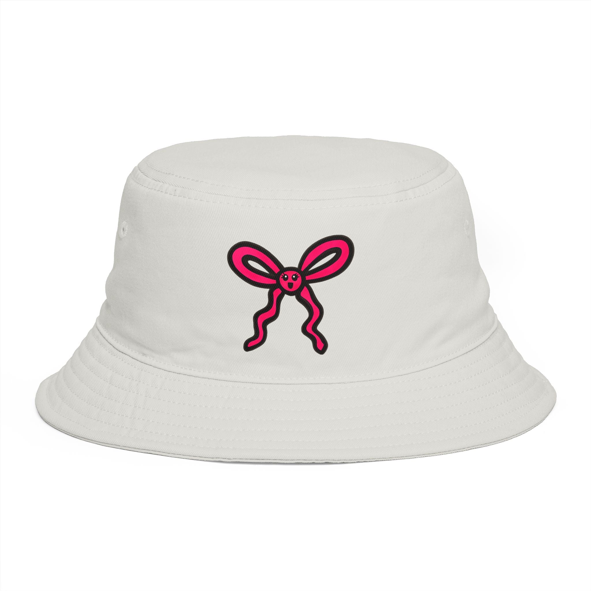 Hand-Drawn Pink Ribbon Bunny Logo Bucket Hat | Cute Minimal Bow Hat