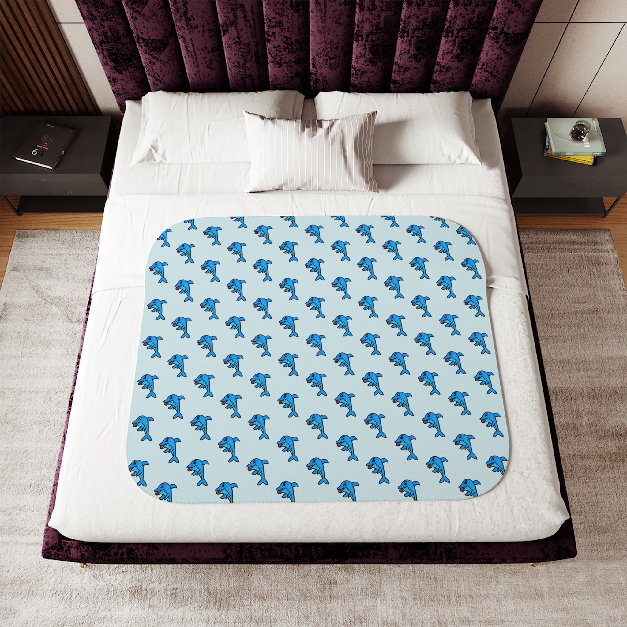 Hand-Drawn Blue Dolphin Pattern Sherpa Blanket | Ocean Animal Kids Throw