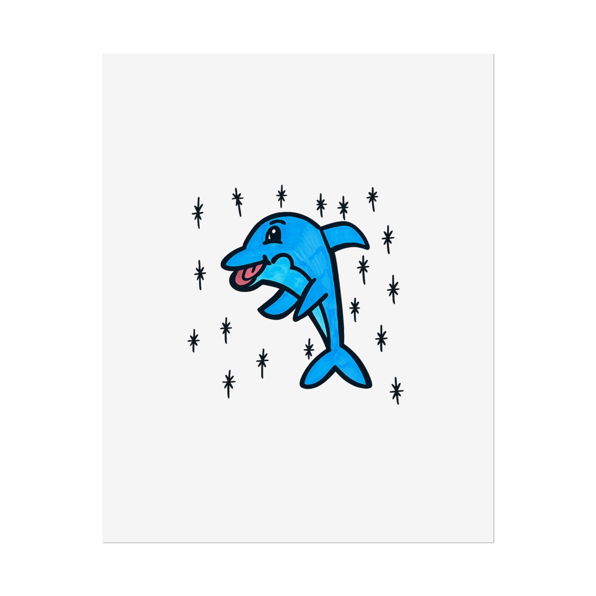 Hand-Drawn Cute Blue Dolphin Rolled Poster | Cartoon Sea Life Wall Art
