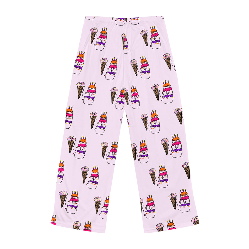 Hand-Drawn Ice Cream Cone and Cake Birthday Pattern Pajama Pants | Pink All-Over Print