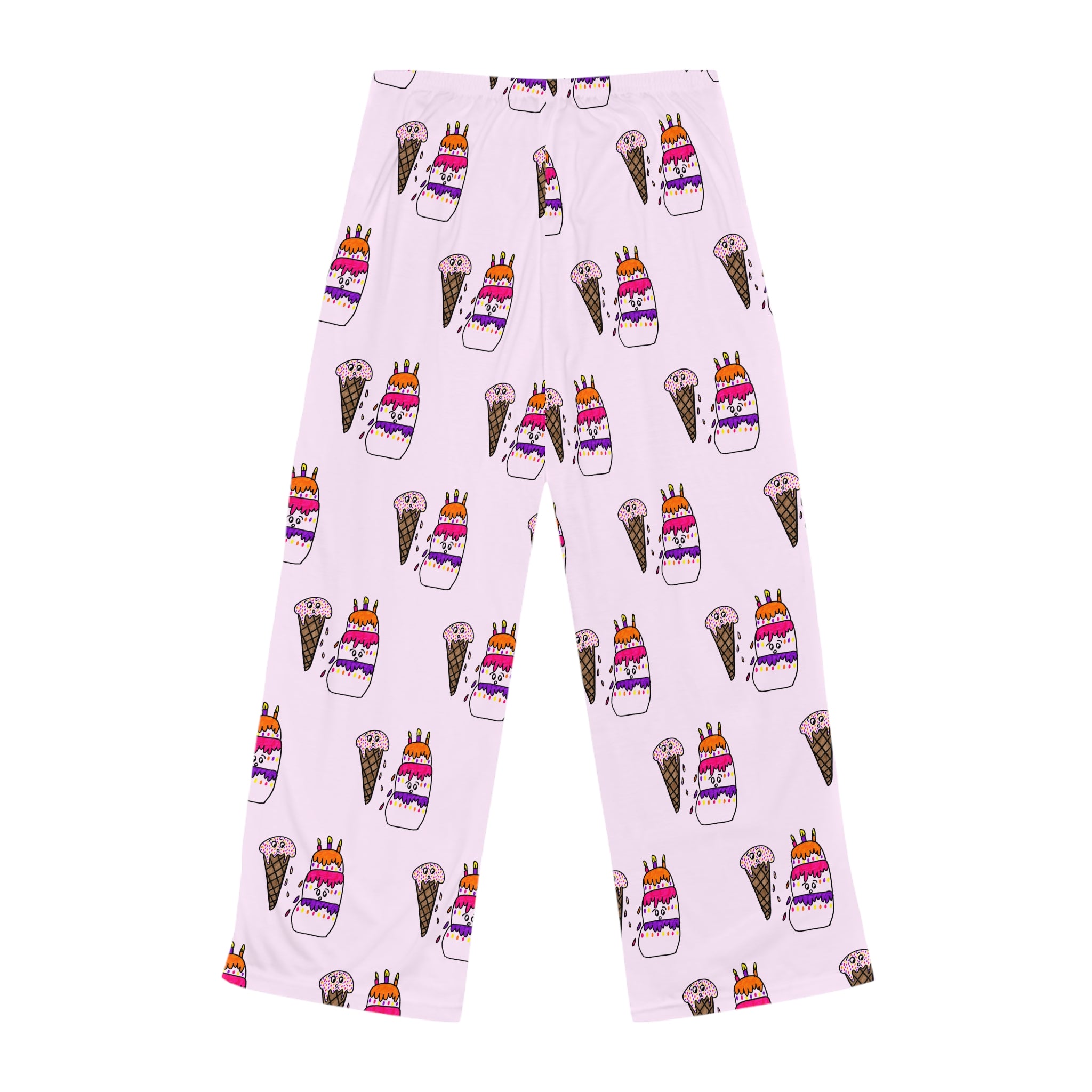 Hand-Drawn Ice Cream Cone and Cake Birthday Pattern Pajama Pants | Pink All-Over Print