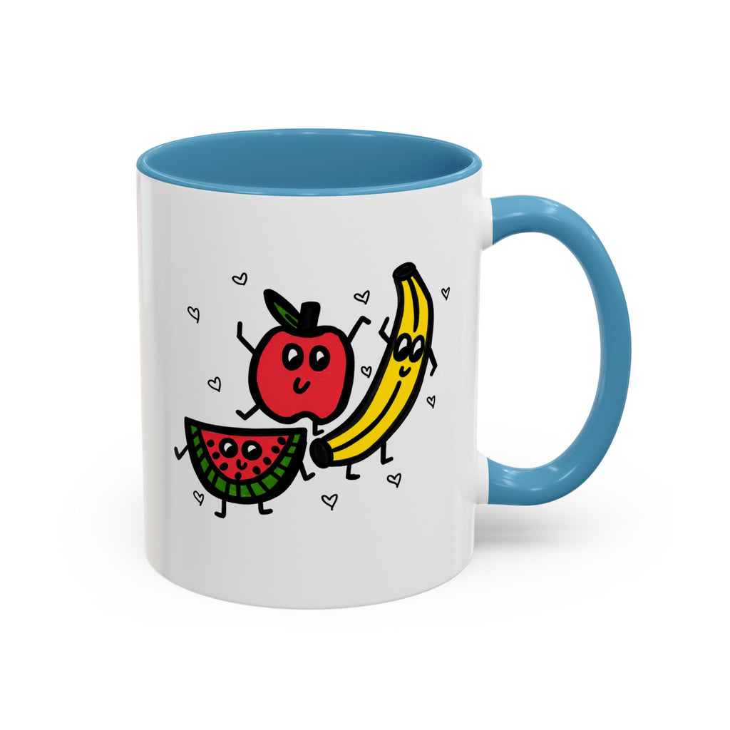 Hand-Drawn Smiling Banana Apple Watermelon Mug | Cute Fruit Faces Coffee Cup