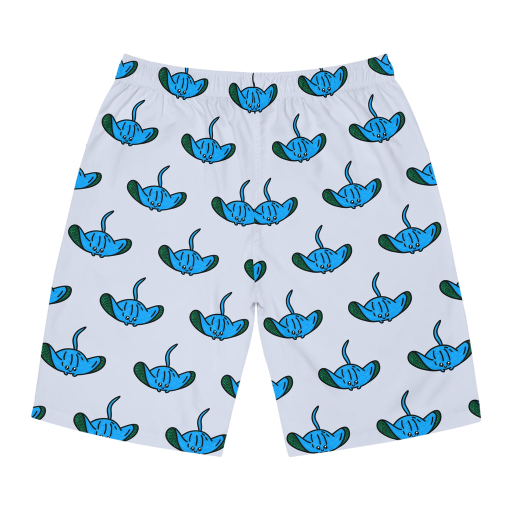 Hand-Drawn Blue Manta Ray Pattern Board Shorts | All Over Print Swim Trunks