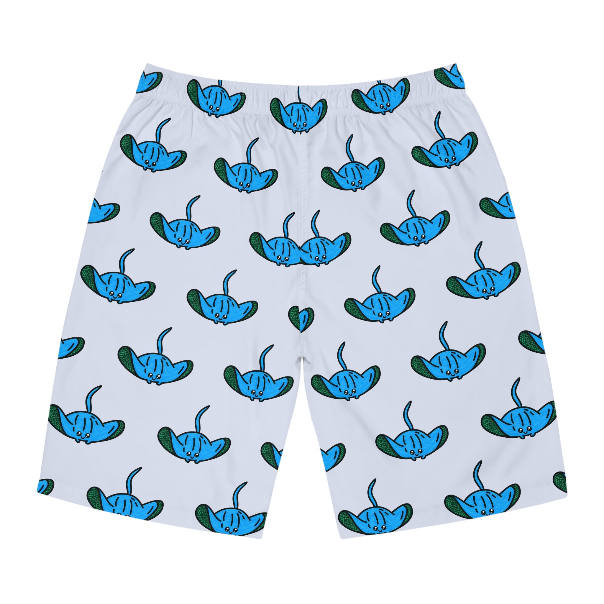 Hand-Drawn Blue Manta Ray Pattern Board Shorts | All Over Print Swim Trunks