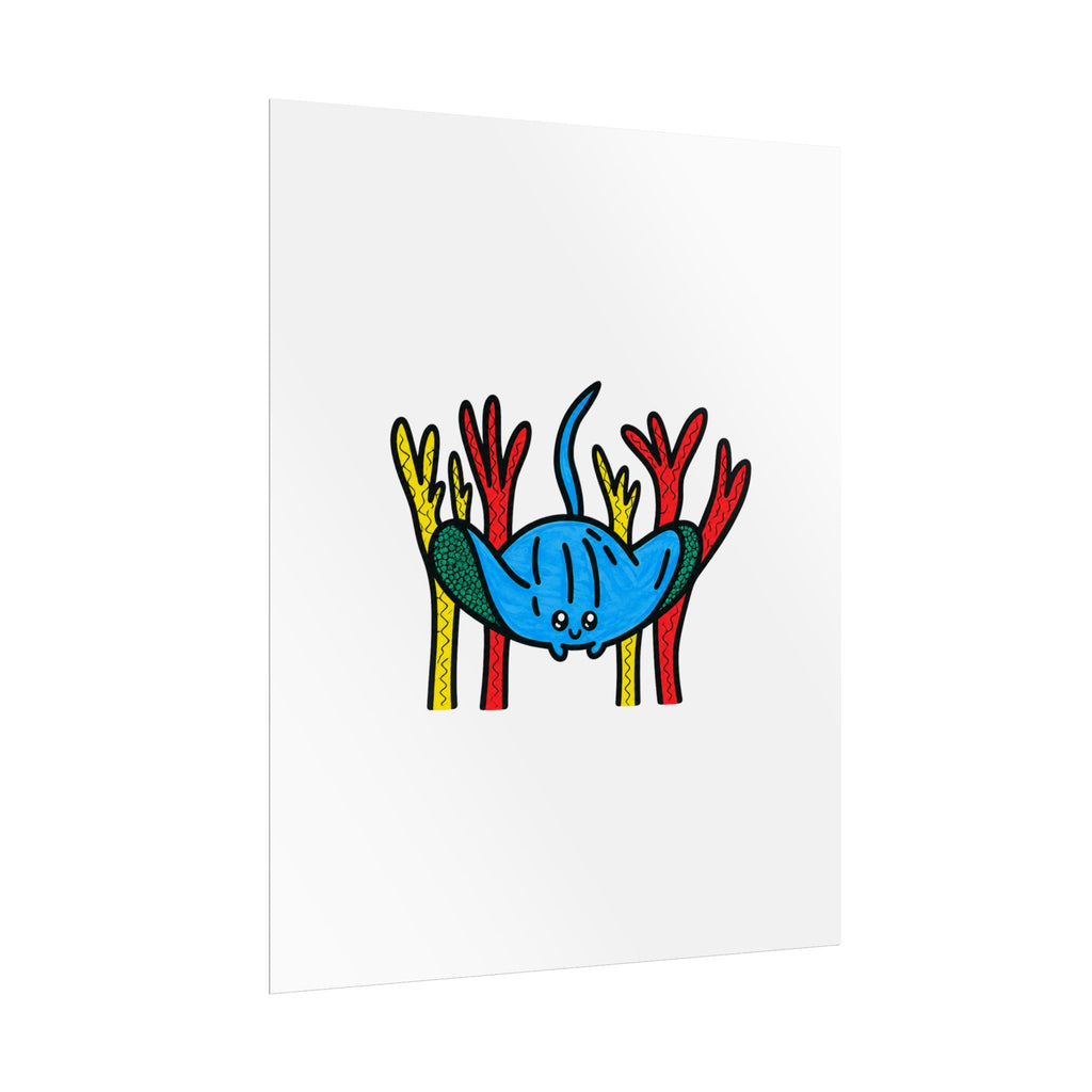 Hand-Drawn Blue Stingray Illustration Rolled Poster | Cute Ocean Animal Art