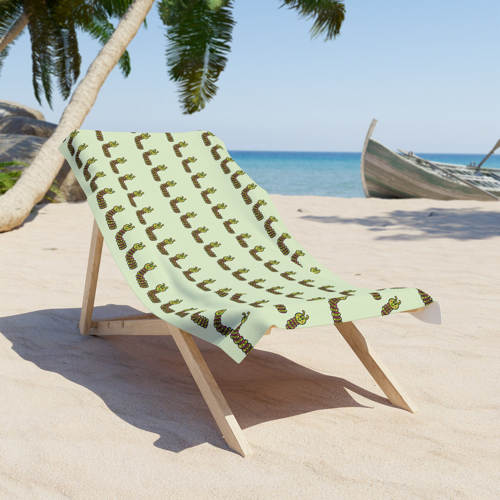 Hand-Drawn Green Pink Yellow Caterpillar Pattern Beach Towel | Cute Repeating Insect