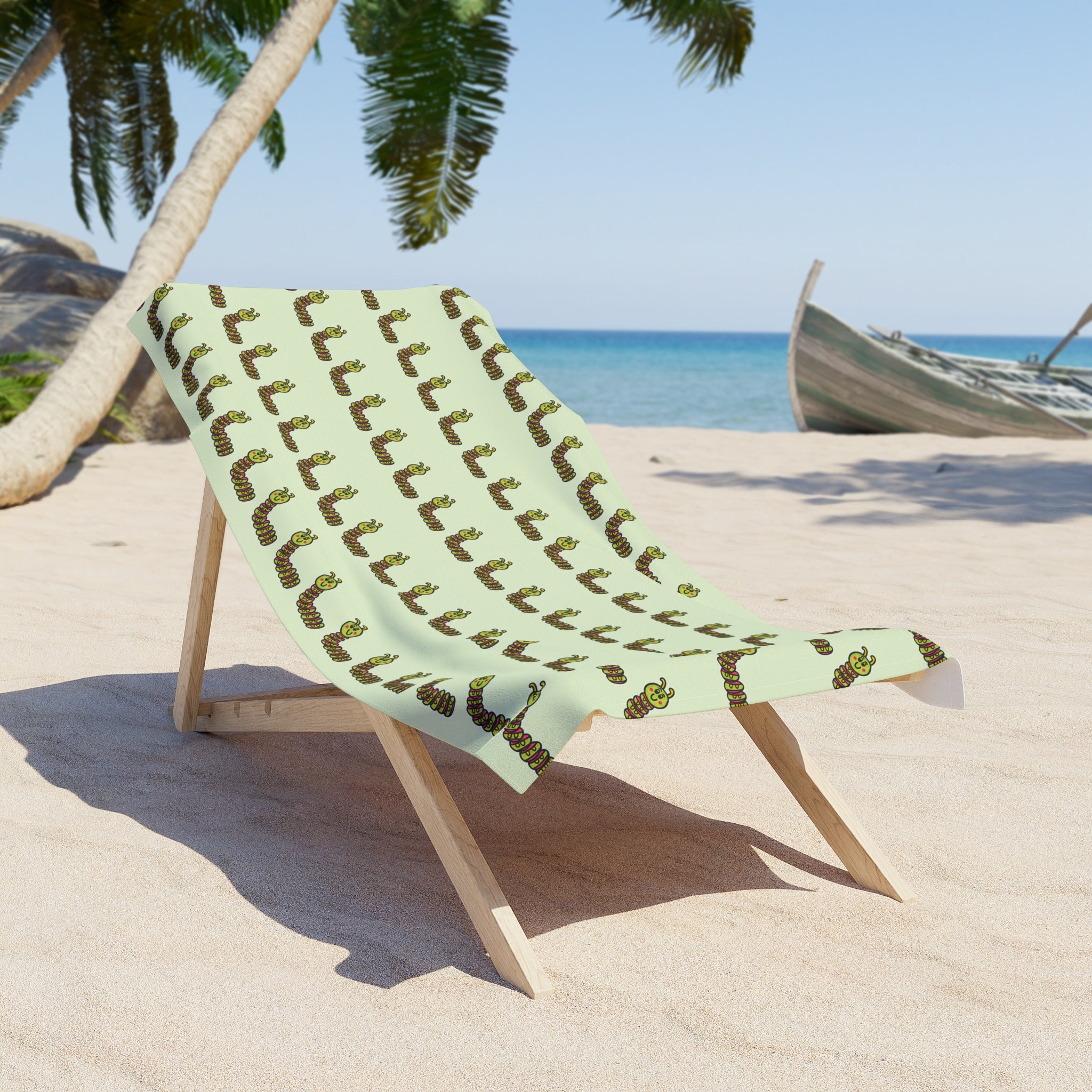 Hand-Drawn Green Pink Yellow Caterpillar Pattern Beach Towel | Cute Repeating Insect