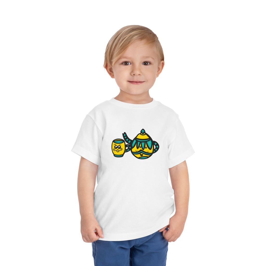 Hand-Drawn Yellow and Teal Mustache Tea Pot and Cup Illustration Toddler Tee | Cute Teatime Kids Shirt