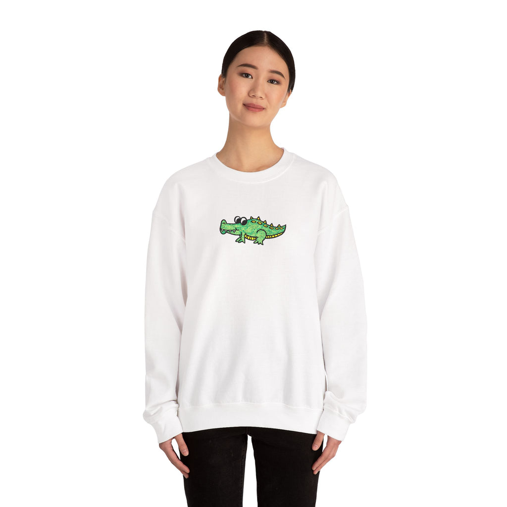 Hand-Drawn Green Vines with Alligator Sweatshirt | Cute Embroidered Crocodile Illustration Crewneck