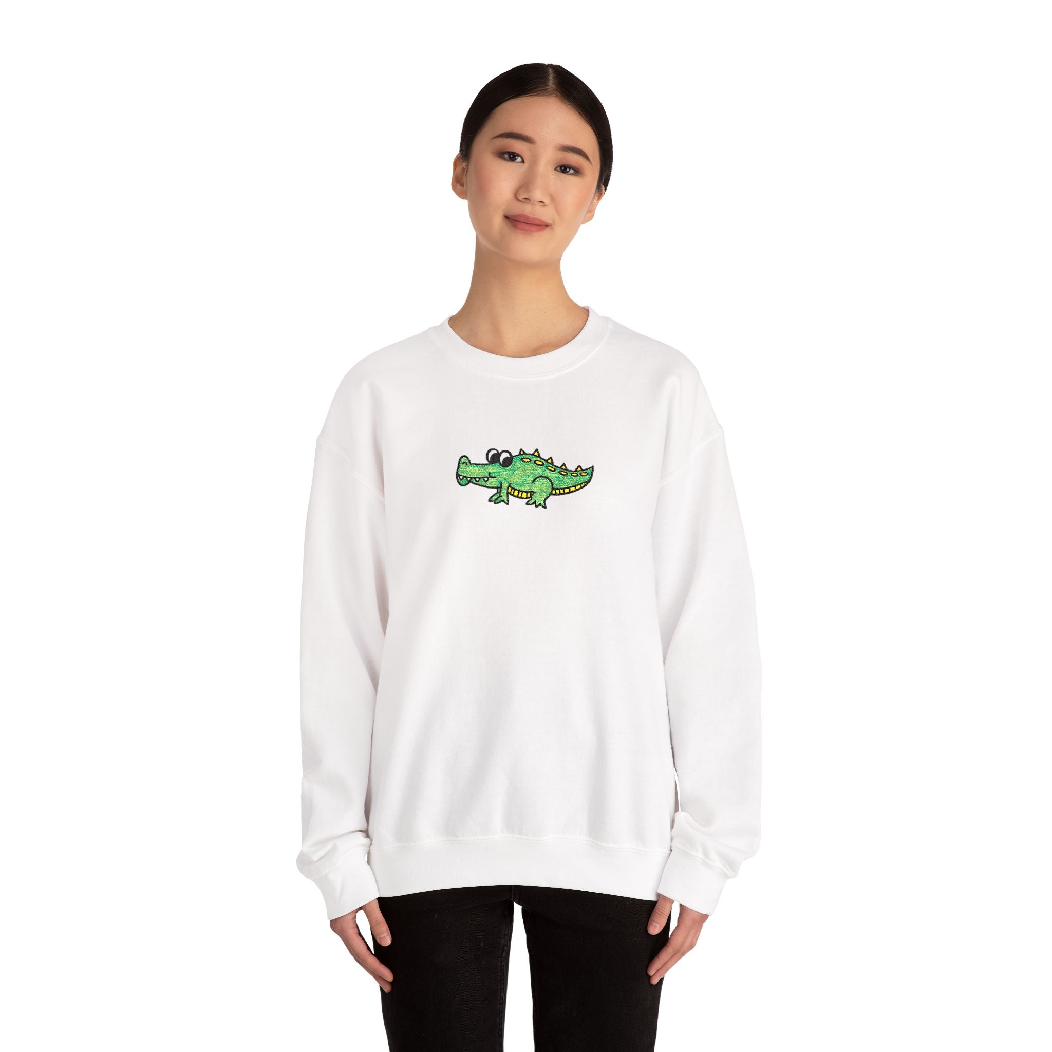 Hand-Drawn Green Vines with Alligator Sweatshirt | Cute Embroidered Crocodile Illustration Crewneck