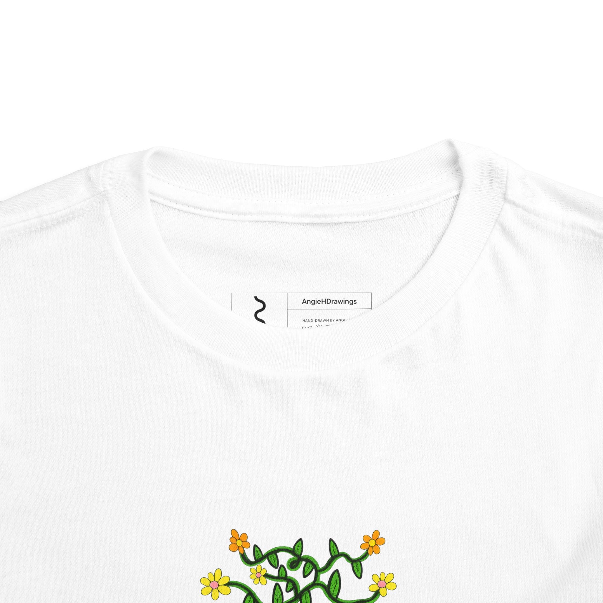 Hand-Drawn Yellow Orange Pink Flowers on Green Vine Toddler Tee | Floral Kids Shirt