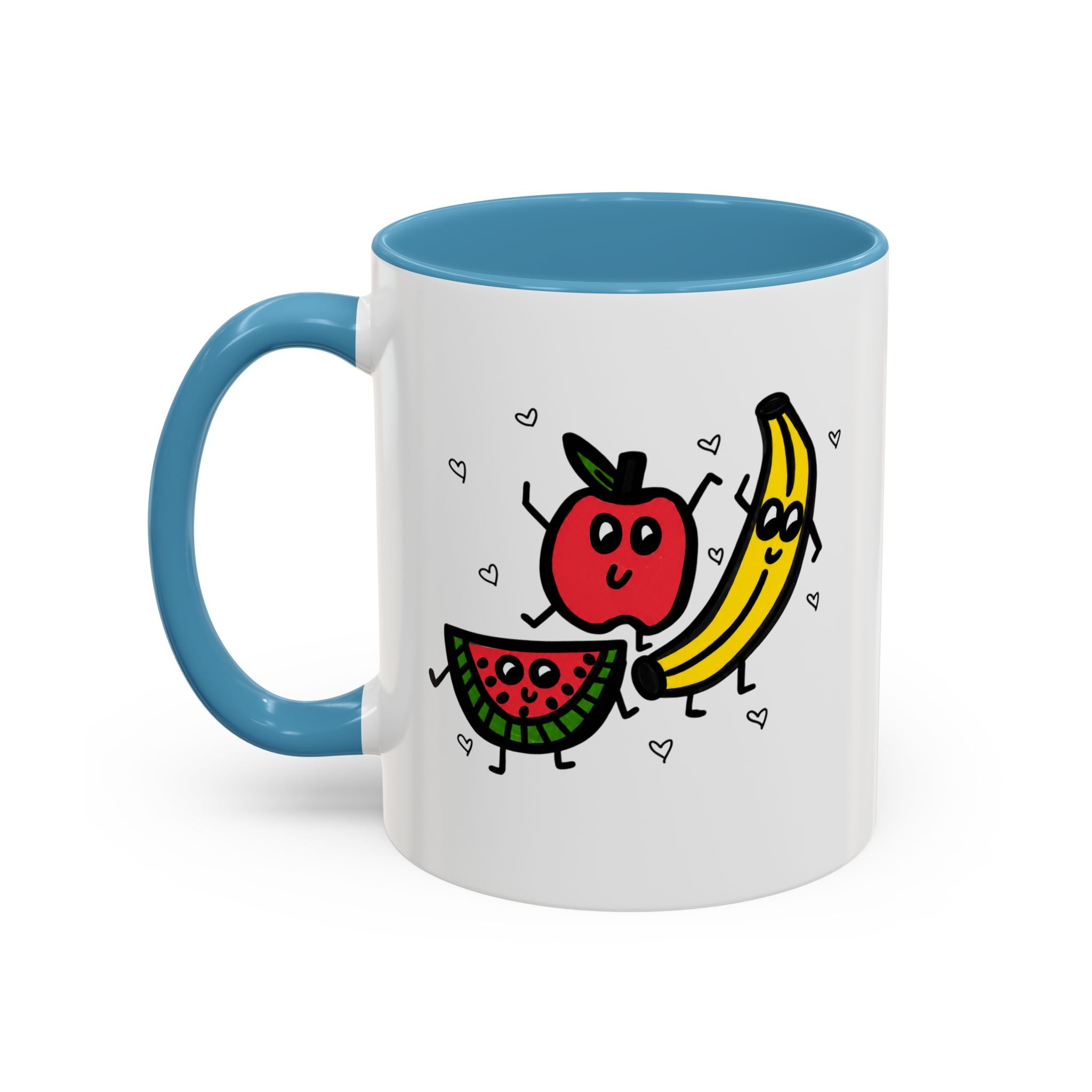 Hand-Drawn Smiling Banana Apple Watermelon Mug | Cute Fruit Faces Coffee Cup