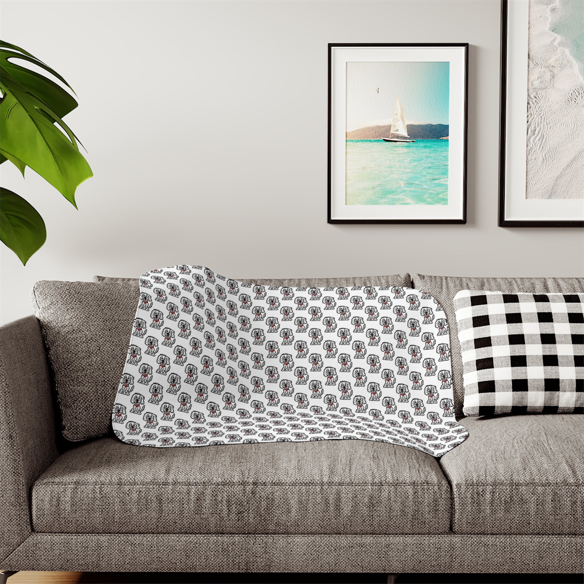 Hand-Drawn Cute Dog Pattern Sherpa Blanket | Dog Print Cozy Throw