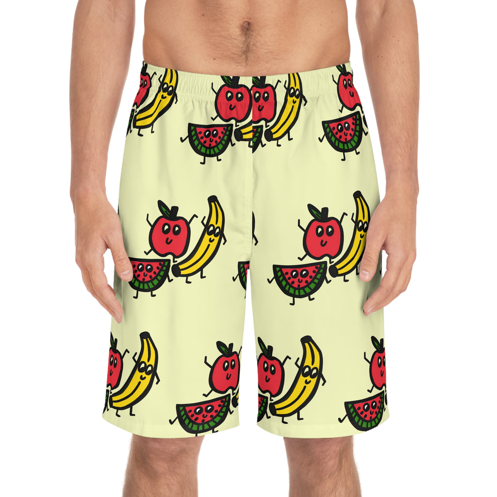 Hand-Drawn Cute Fruit Cartoon | Apple, Watermelon, and Bananas Board Shorts | All-Over Print