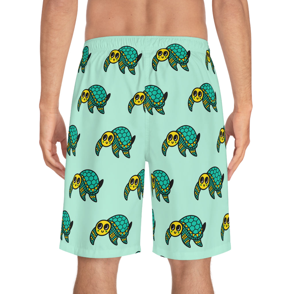 Hand-Drawn Smiling Sea Turtle Pattern Board Shorts | Aqua All-Over Print