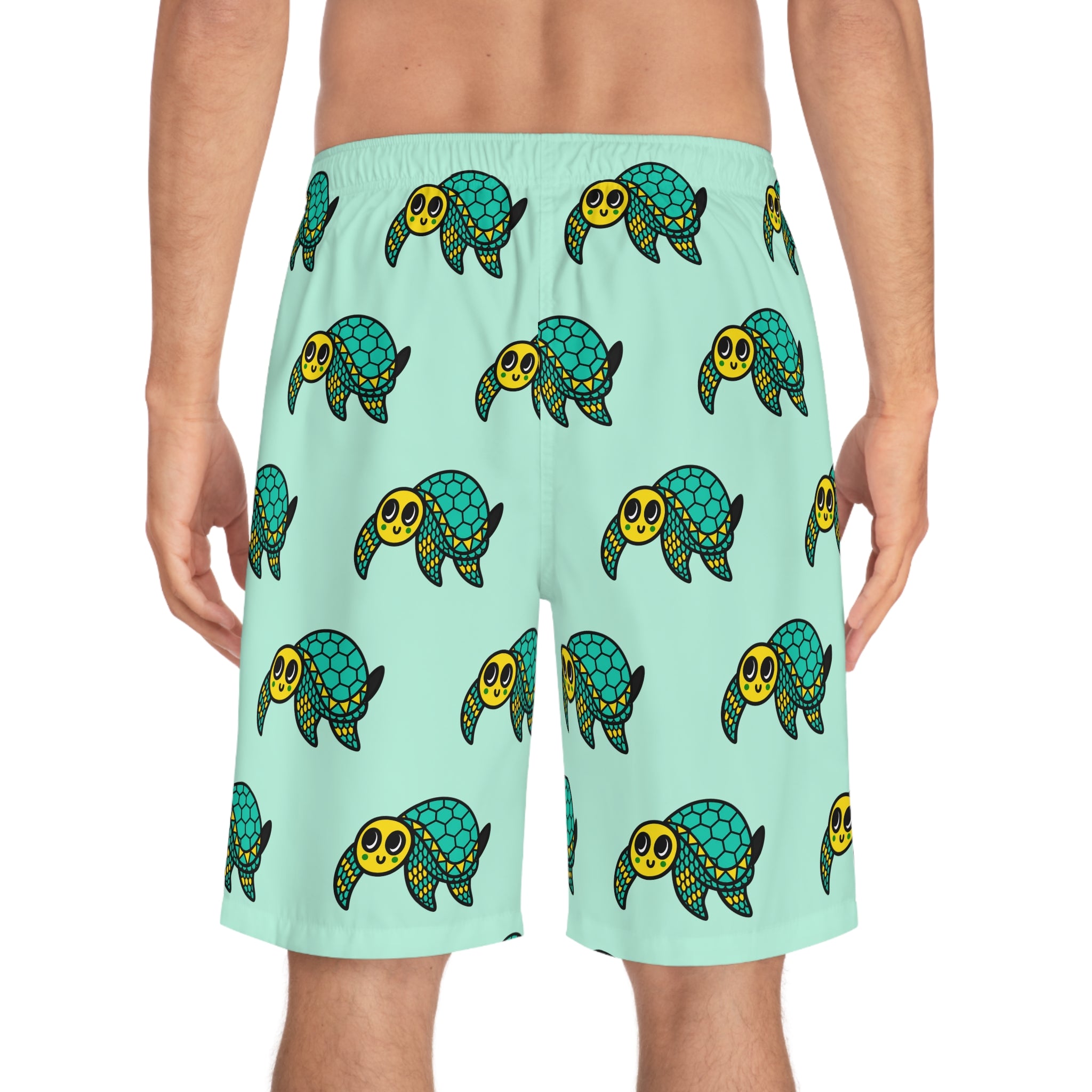 Hand-Drawn Smiling Sea Turtle Pattern Board Shorts | Aqua All-Over Print