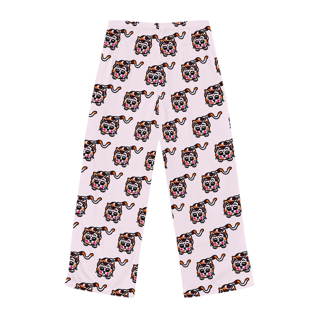 Hand-Drawn Calico Cat Pattern Pajama Pants | Pink Allover Print