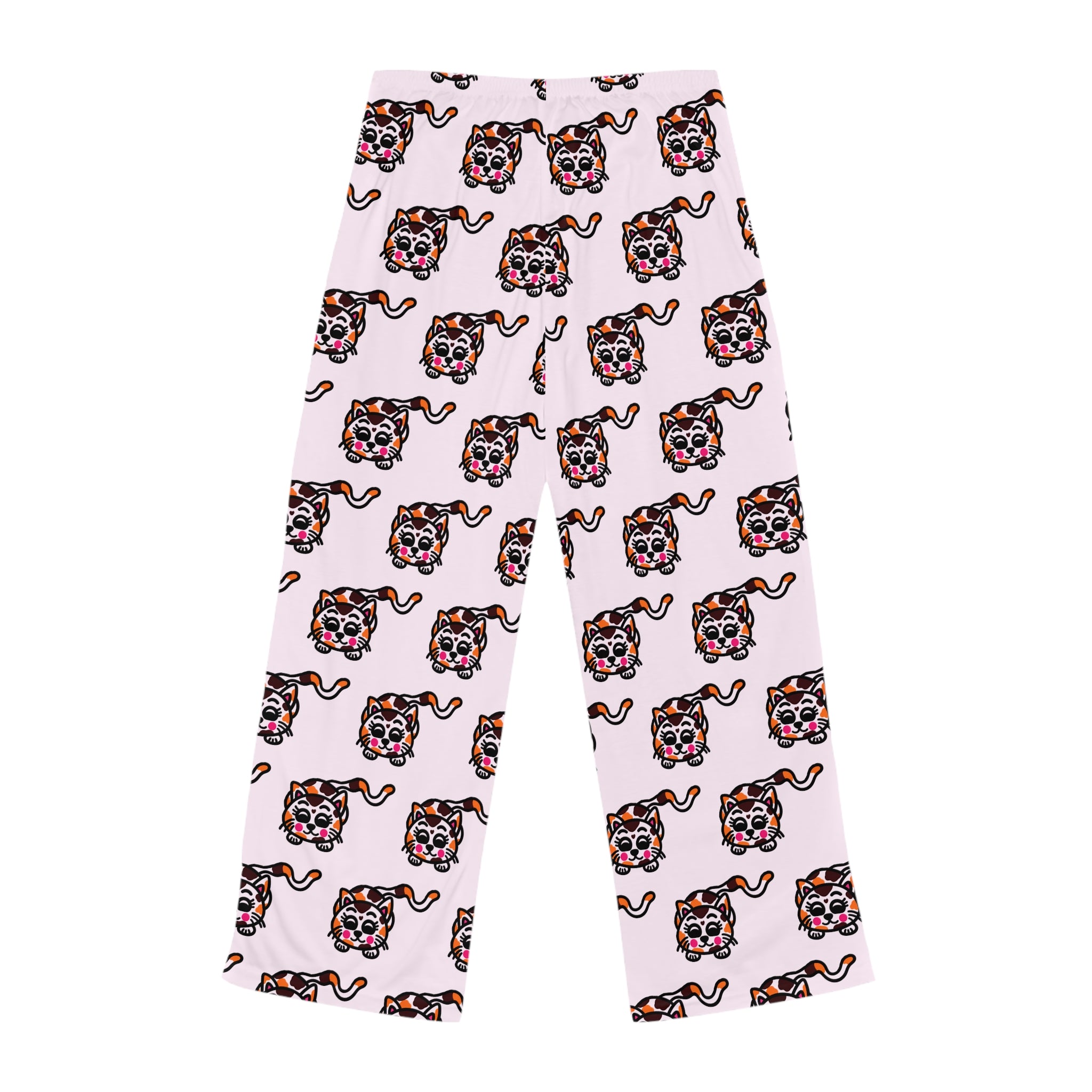 Hand-Drawn Calico Cat Pattern Pajama Pants | Pink Allover Print