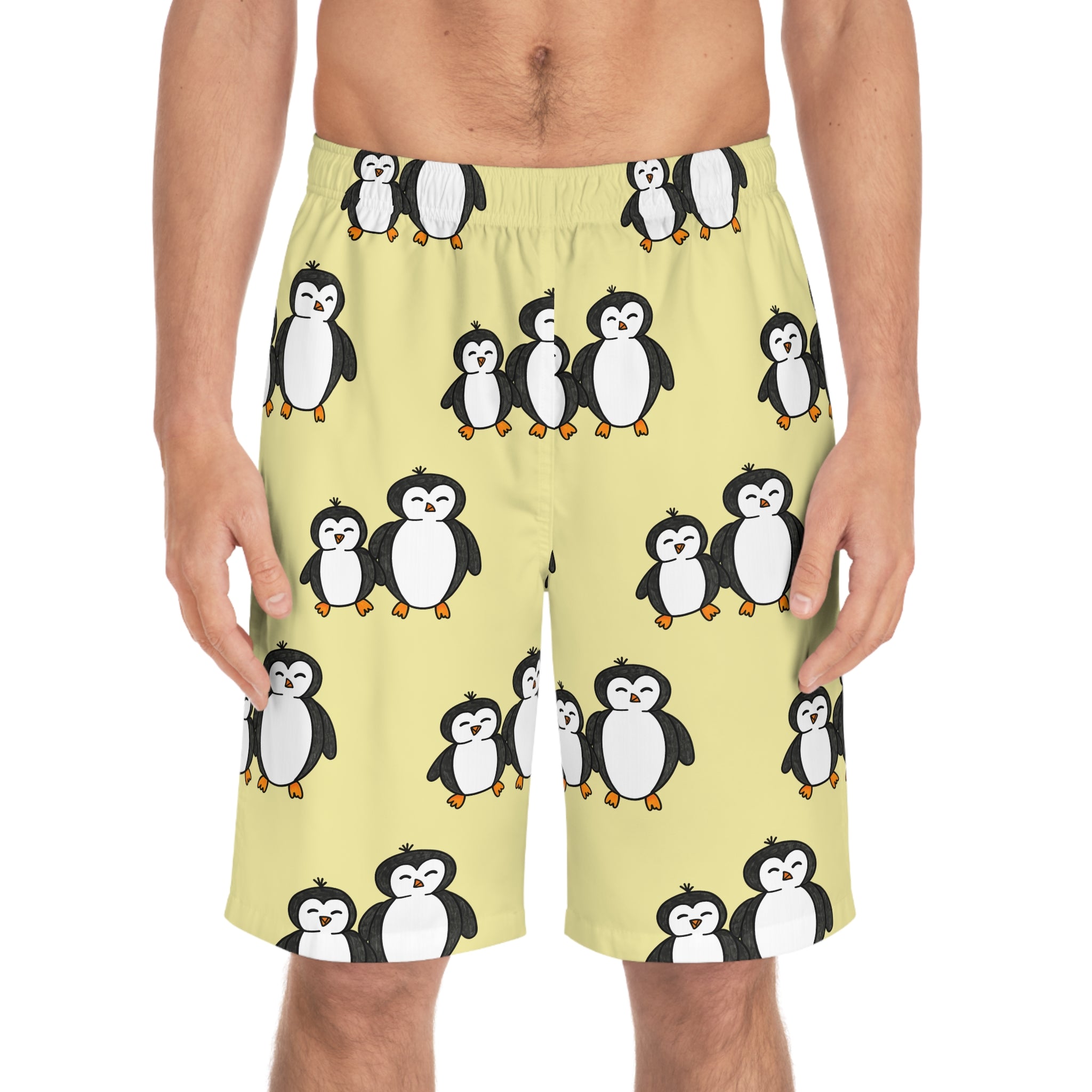 Hand-Drawn Cute Penguin Pattern Men's Board Shorts | Yellow All-Over Print