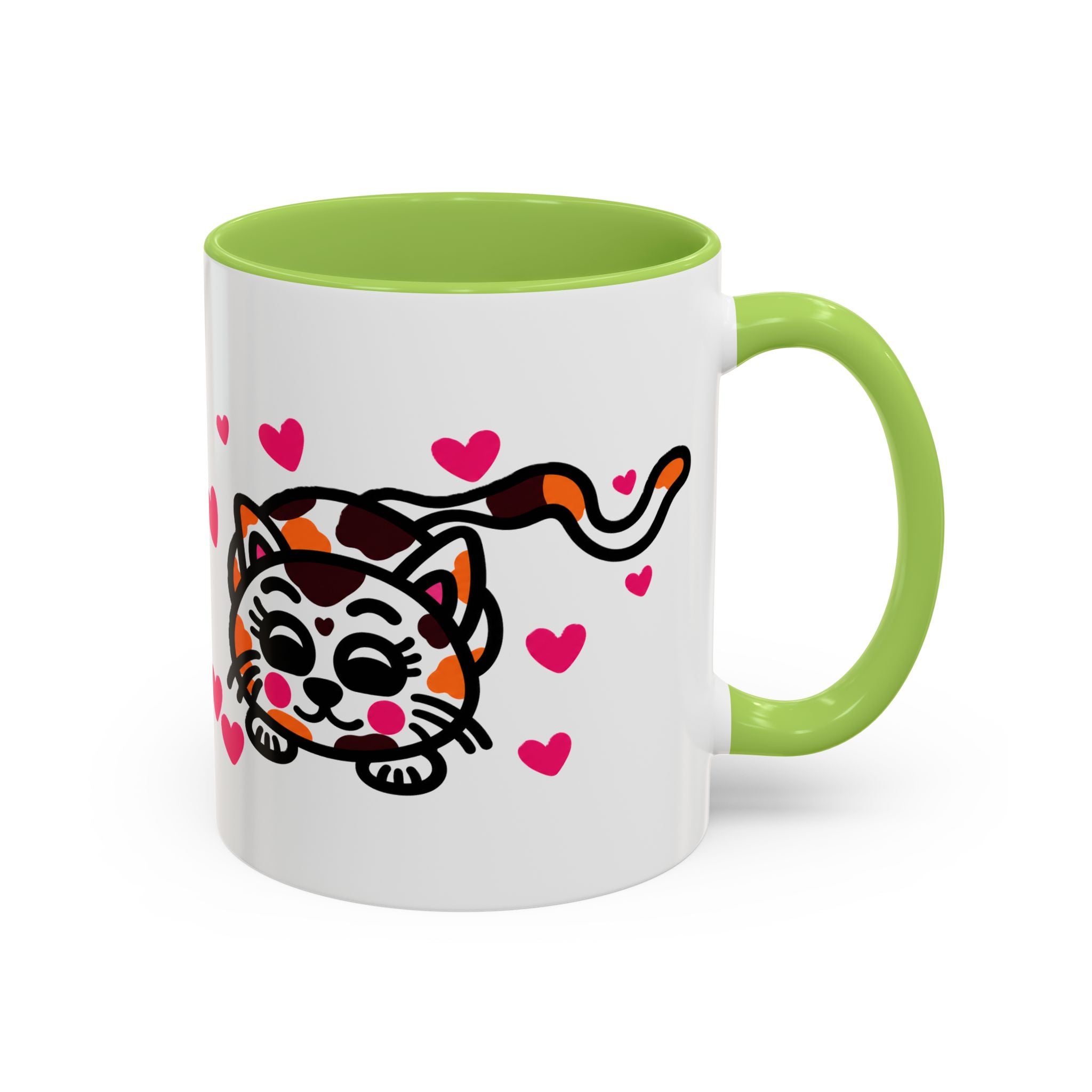 Hand-Drawn Calico Cat with Pink Hearts Mug | Accent Coffee Mug 11oz 15oz