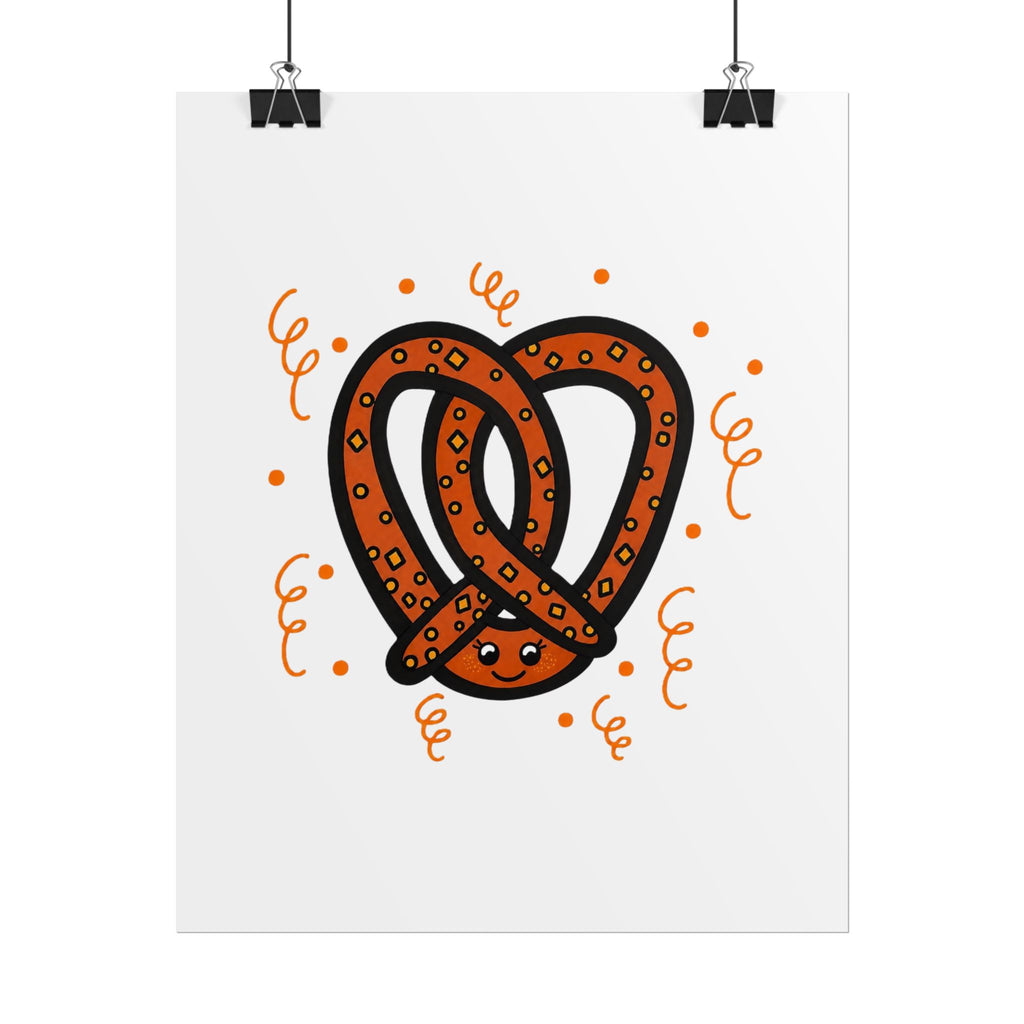 Hand-Drawn Orange Cartoon Pretzel Rolled Posters | Snack Art Print, Cute Food Poster