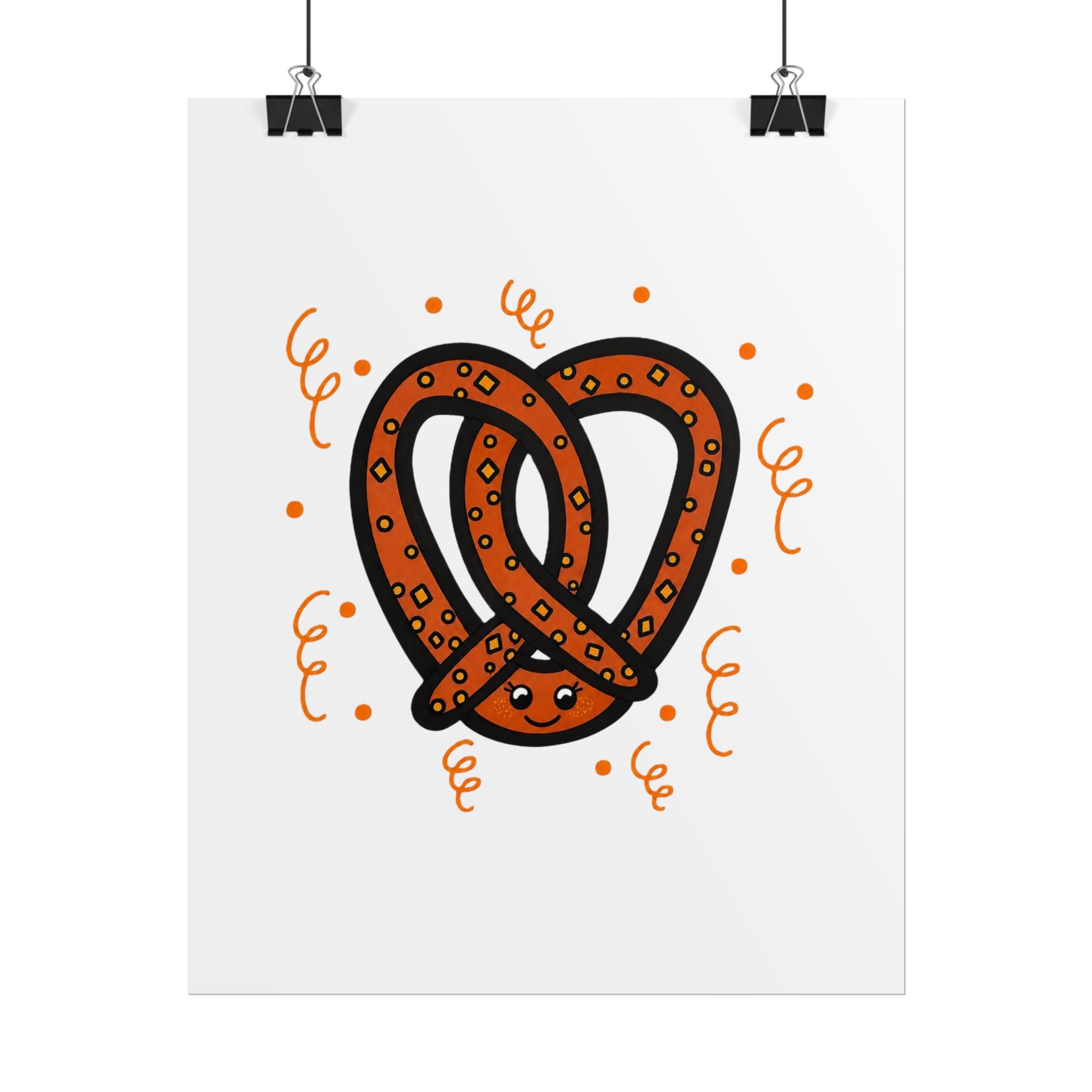 Hand-Drawn Orange Cartoon Pretzel Rolled Posters | Snack Art Print, Cute Food Poster