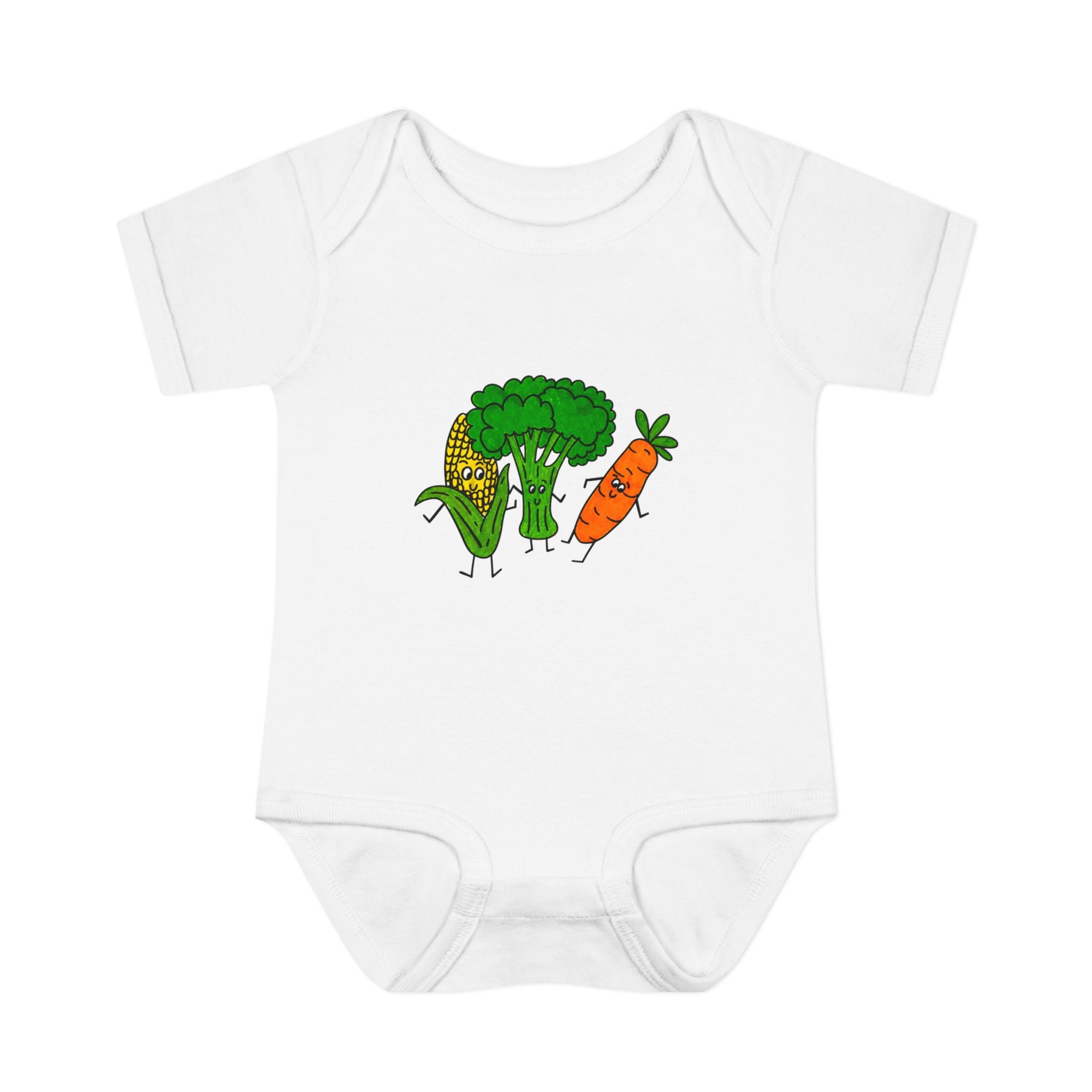 Hand-Drawn Happy Veggies Trio Infant Bodysuit | Corn Broccoli Carrot