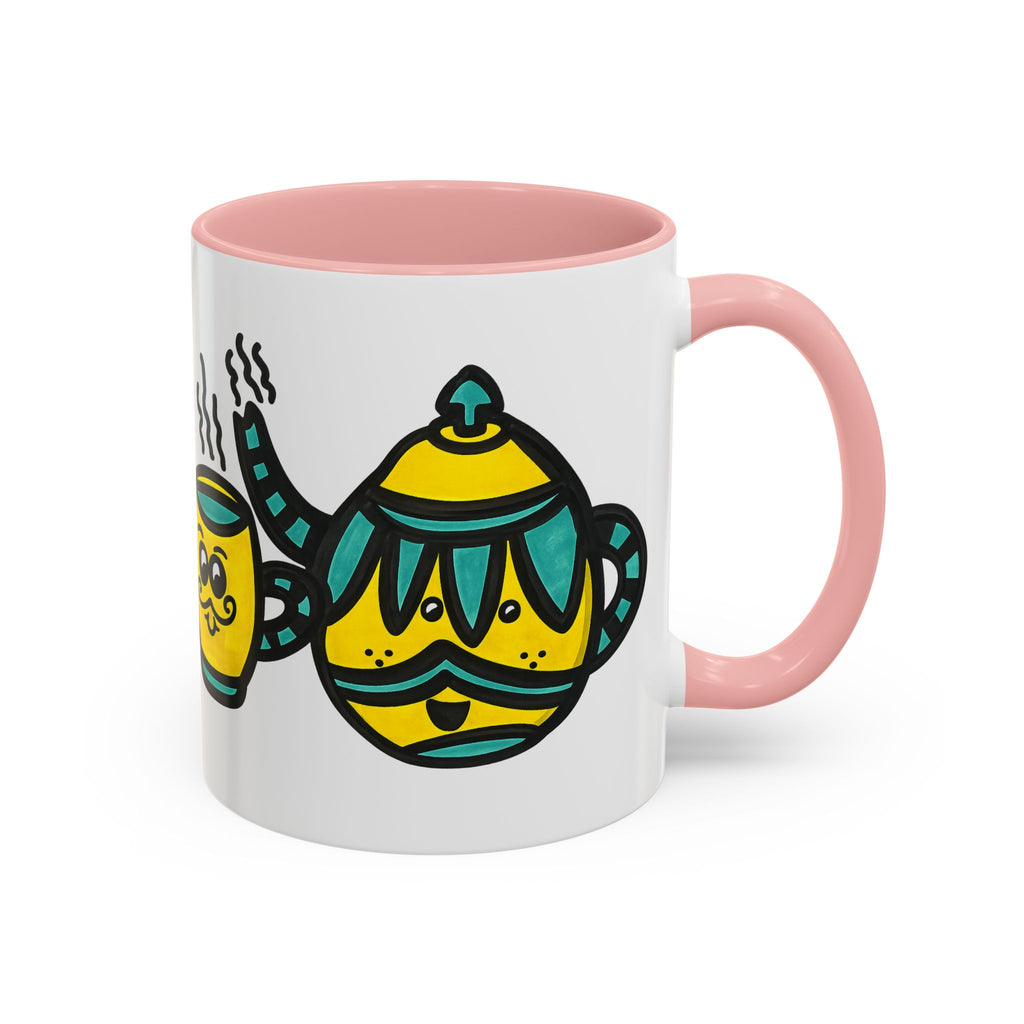 Hand-Drawn Yellow and Teal Mustache Teapot and Smiling Cup Mug | Accent Coffee Mug