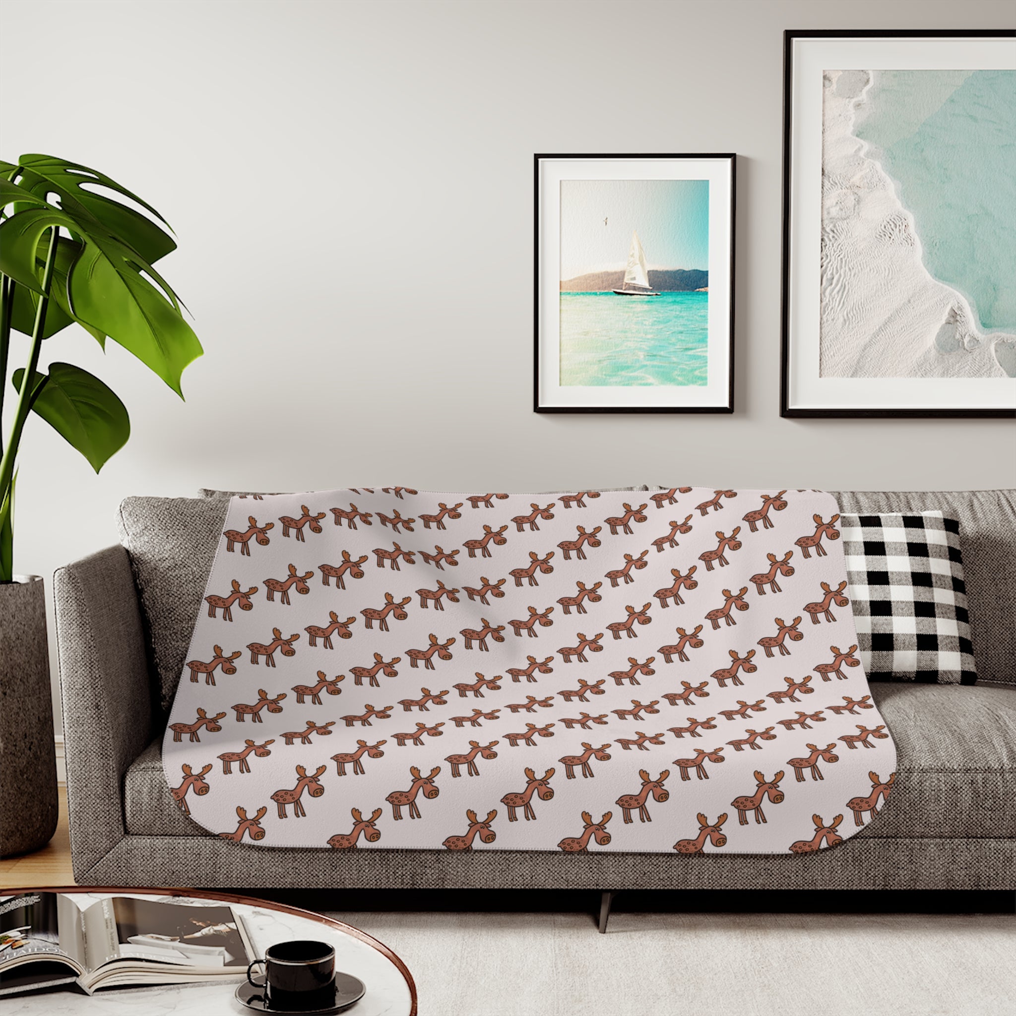 Hand-Drawn Brown Moose Pattern Sherpa Blanket | Repeating Woodland Creature Print