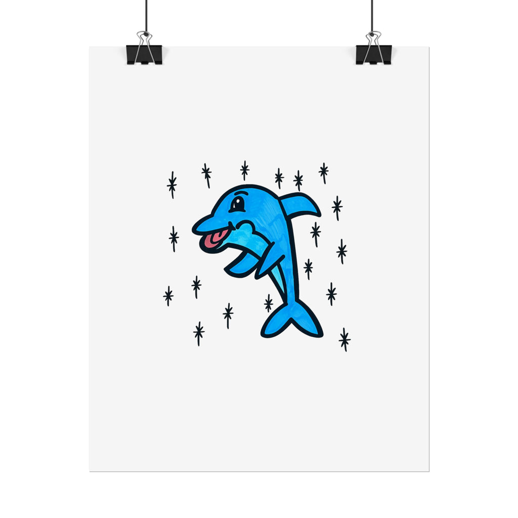 Hand-Drawn Cute Blue Dolphin Rolled Poster | Cartoon Sea Life Wall Art