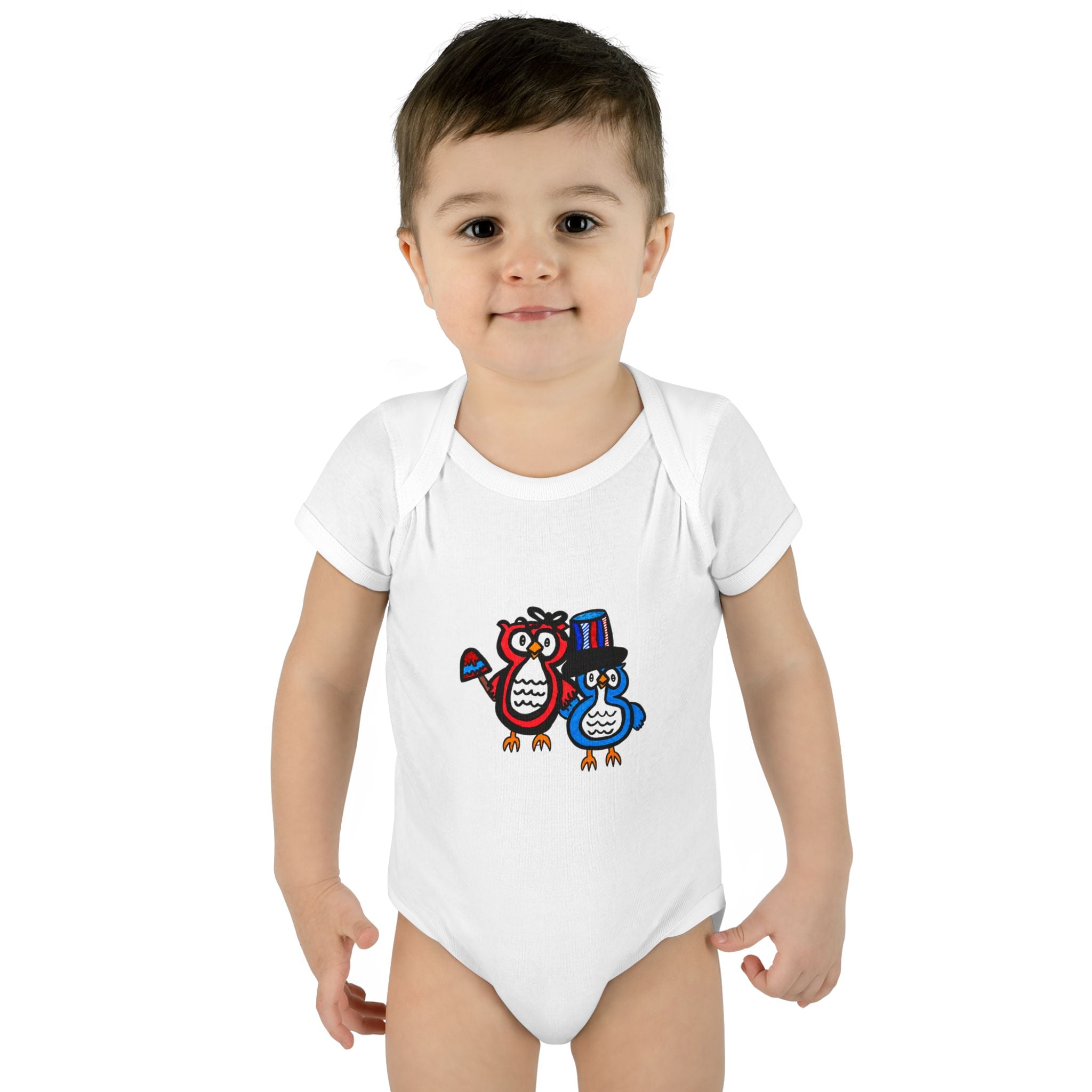 Hand-Drawn Patriotic Owls Infant Bodysuit | Red White Blue July 4th