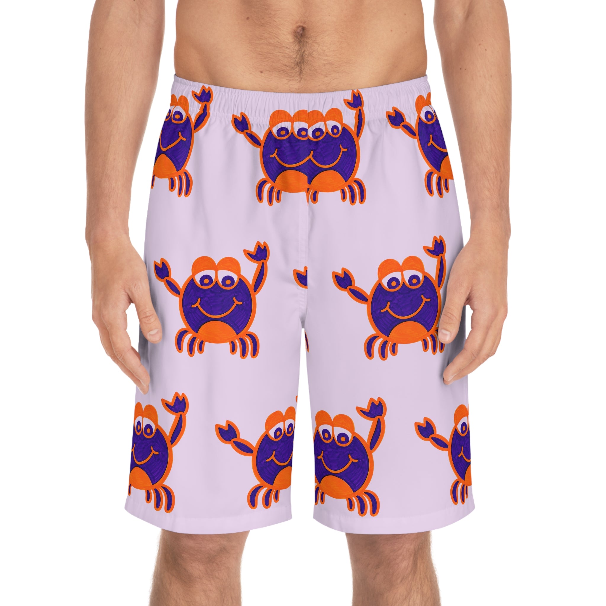 Hand-Drawn Cute Purple and Orange Crab Pattern Men's Board Shorts | All-Over Print