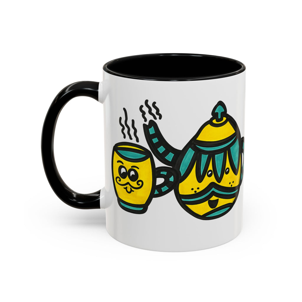Hand-Drawn Yellow and Teal Mustache Teapot and Smiling Cup Mug | Accent Coffee Mug