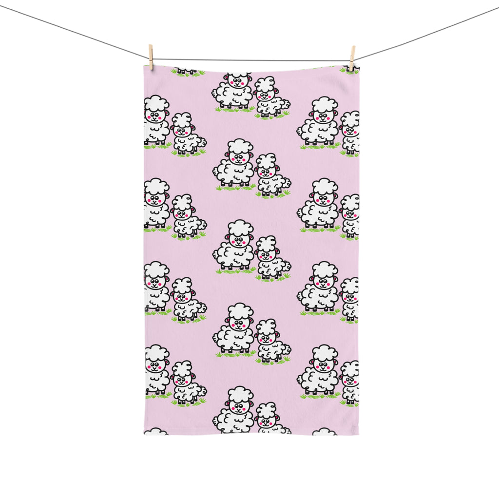 Hand-Drawn Cute Sheep Pattern Hand Towel | Pink Nursery Animal Print
