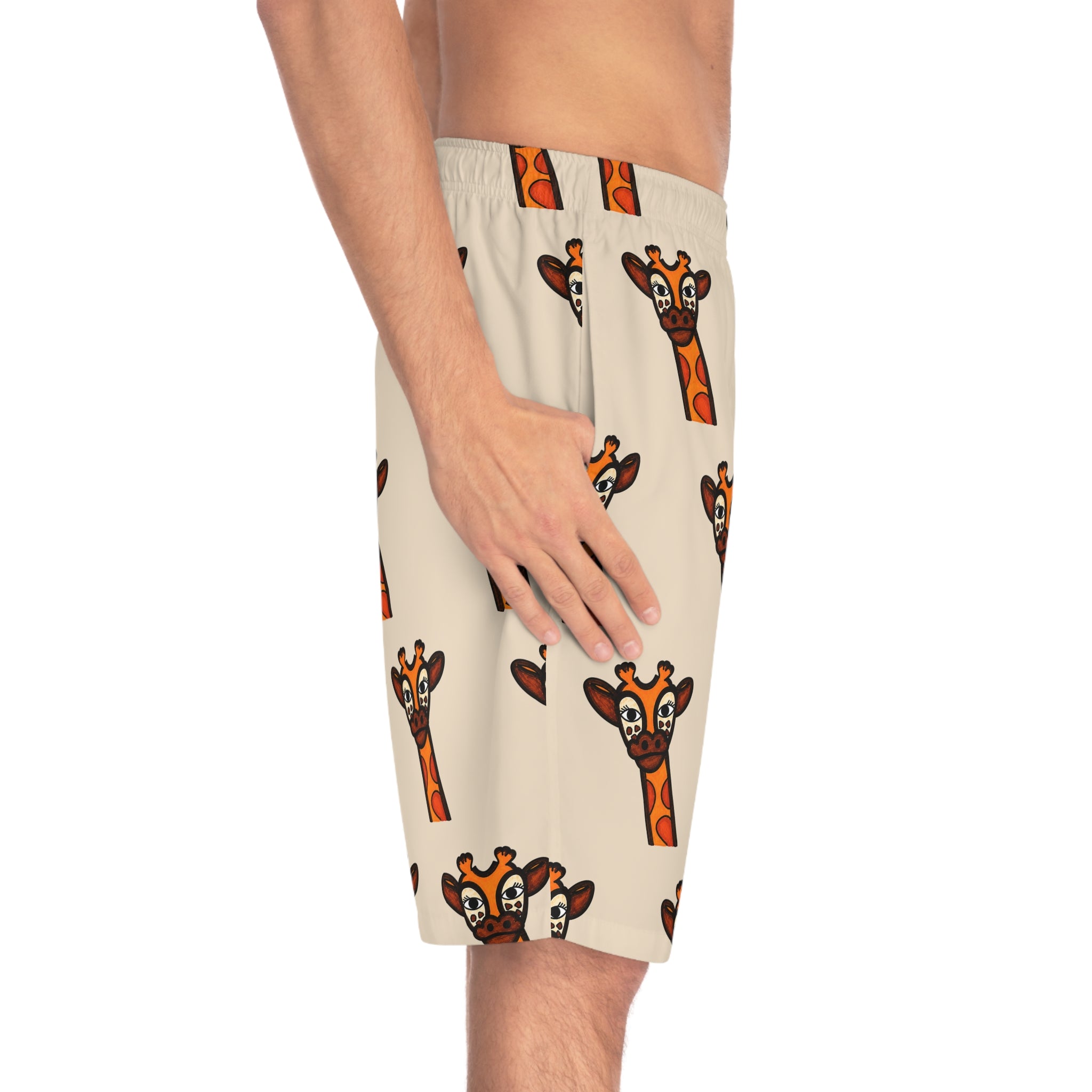 Hand-Drawn Cute Giraffe Pattern Board Shorts | All-Over Print Swim Trunks