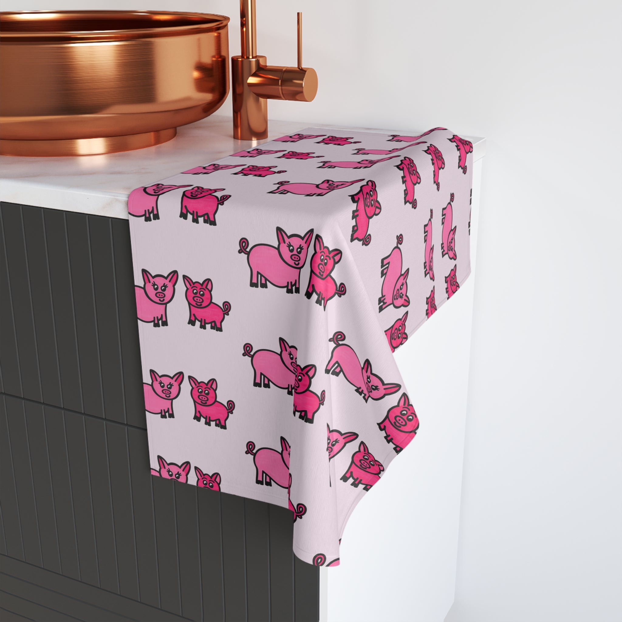Hand-Drawn Pink Cartoon Pig Pattern Hand Towel | Cute Piglet Kitchen/Bathroom Decor