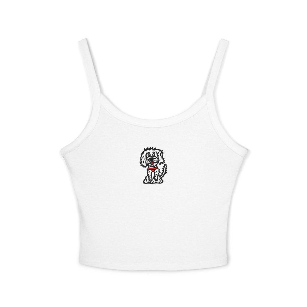 Hand-Drawn Tiny White Fluffy Dog Tank Top | Small Dog Illustration with Red Collar, Minimal Chest Print