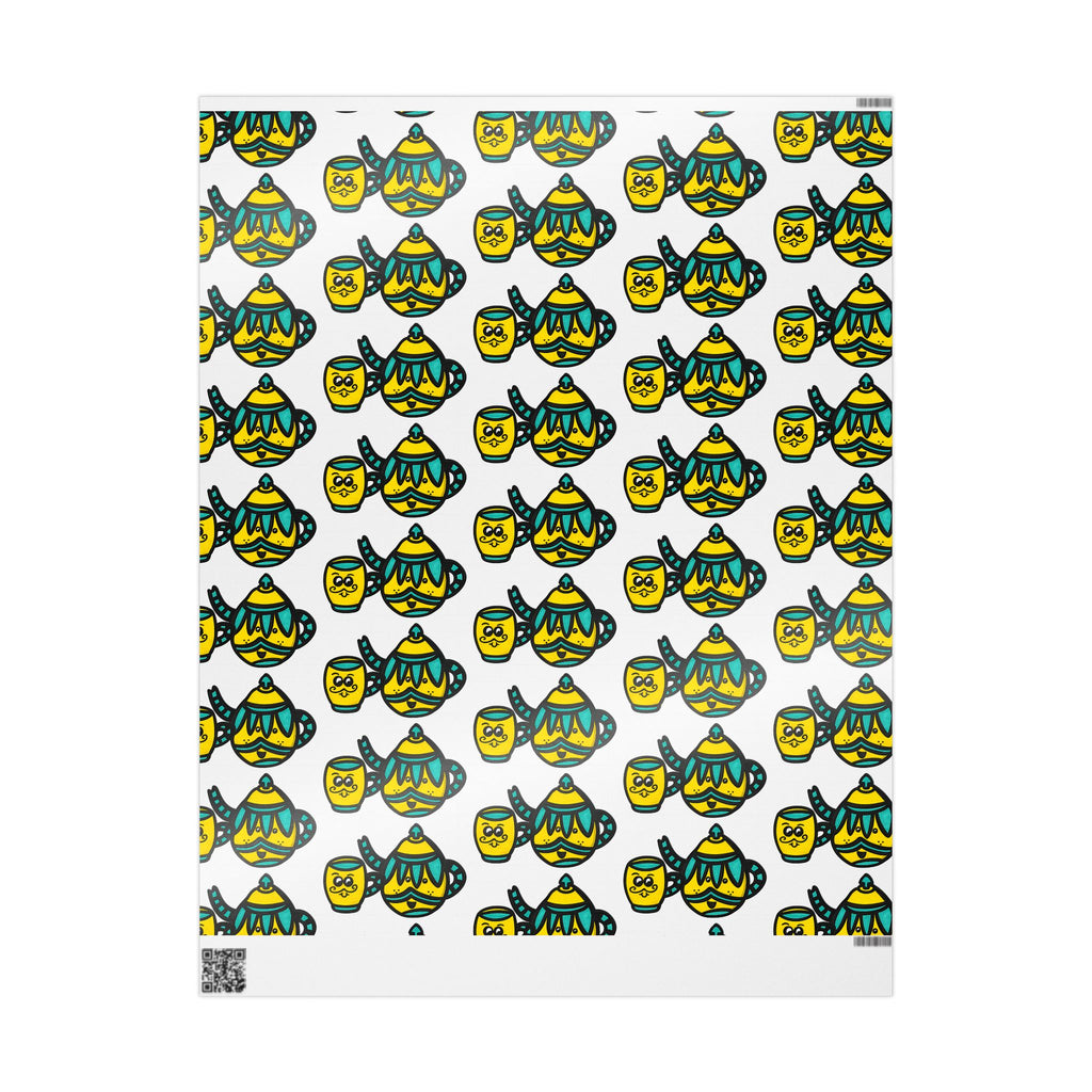 Hand-Drawn Teal and Yellow Teapot Pattern Wrapping Paper | Cute Mustache Tea Party Gift Wrap