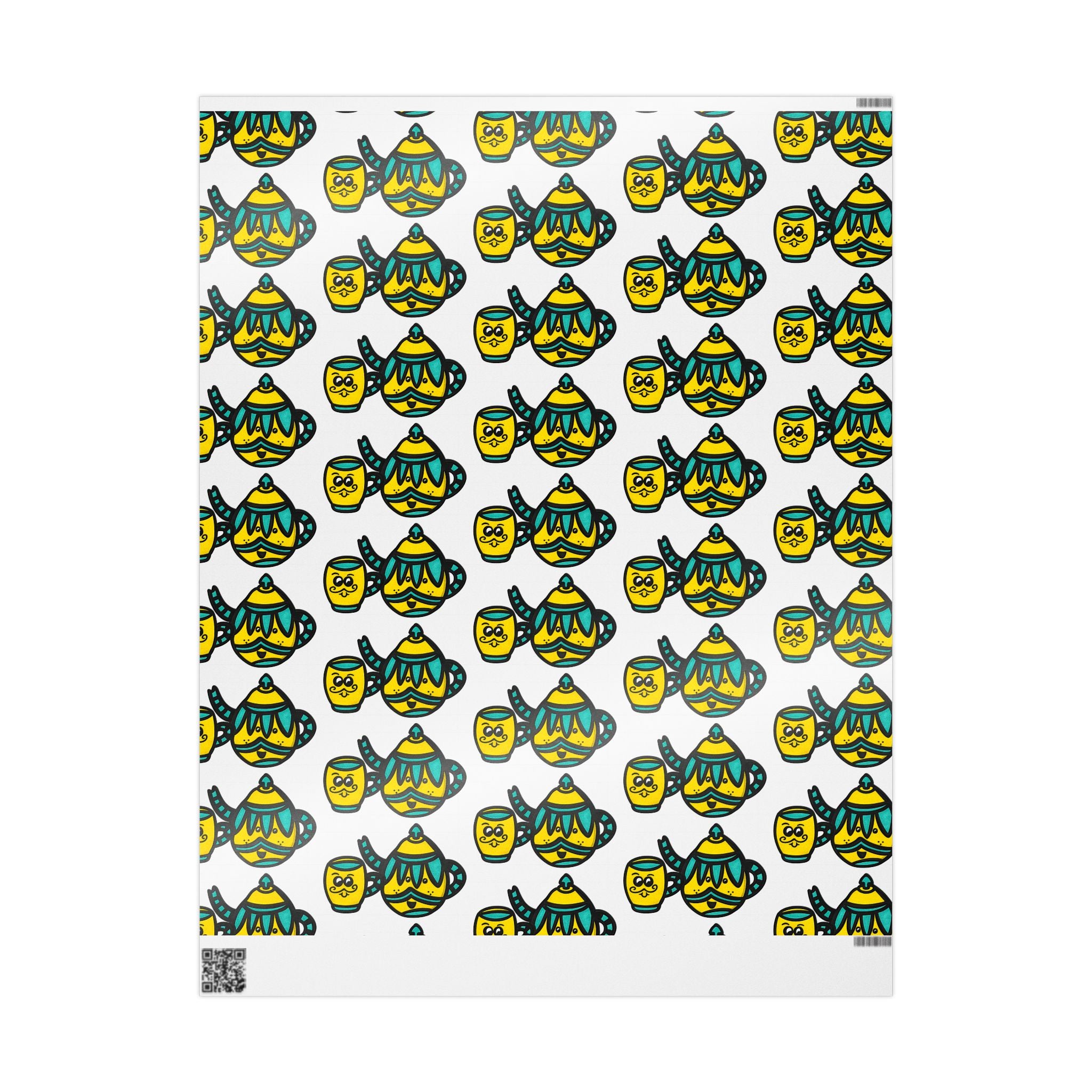 Hand-Drawn Teal and Yellow Teapot Pattern Wrapping Paper | Cute Mustache Tea Party Gift Wrap
