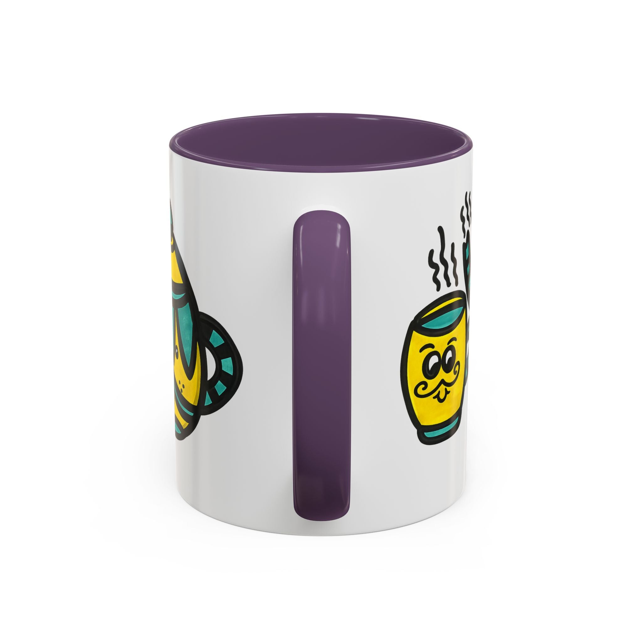 Hand-Drawn Yellow and Teal Mustache Teapot and Smiling Cup Mug | Accent Coffee Mug