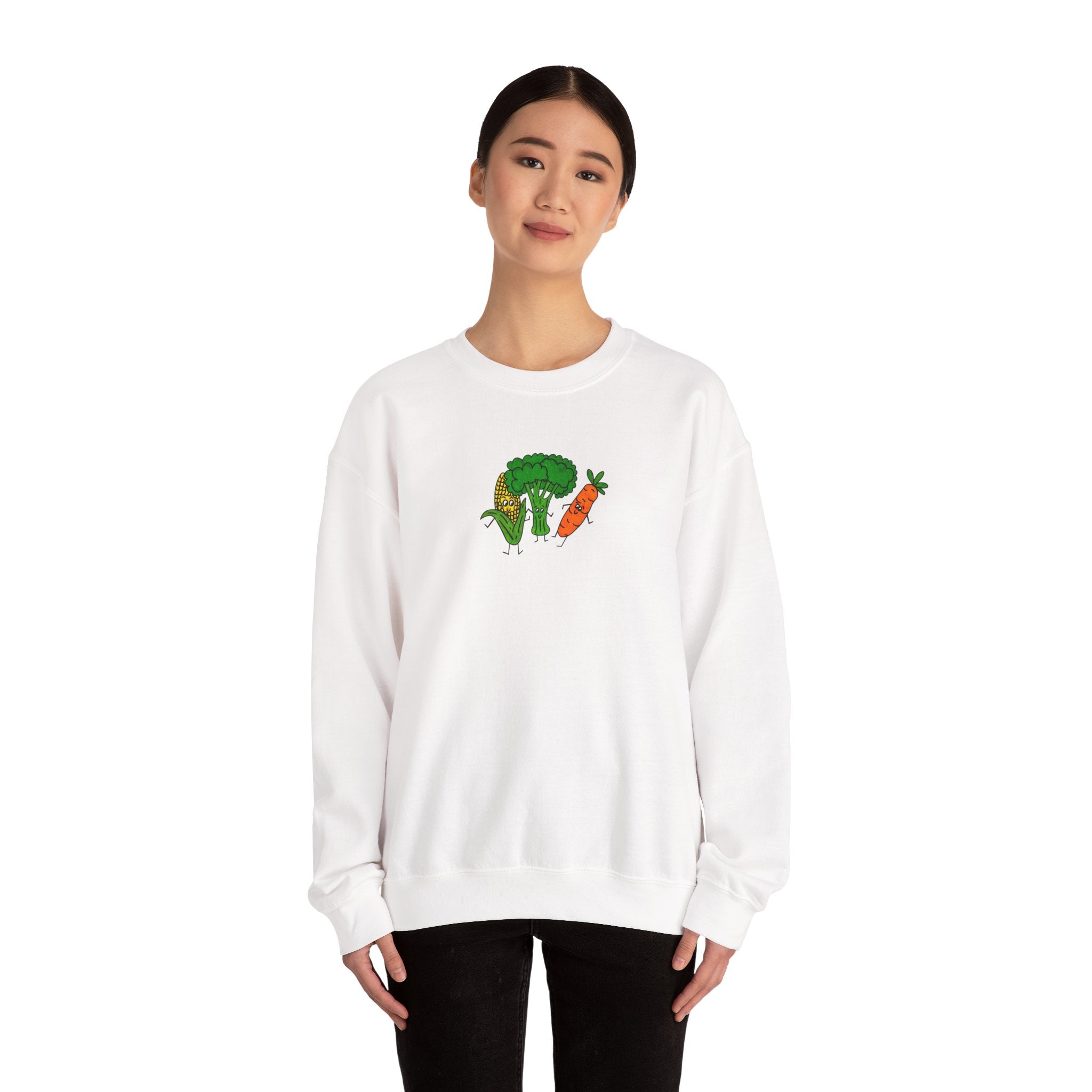 Hand-Drawn Broccoli, Corn, and Carrot Veggie Friends Sweatshirt | Cute Vegetable Illustration