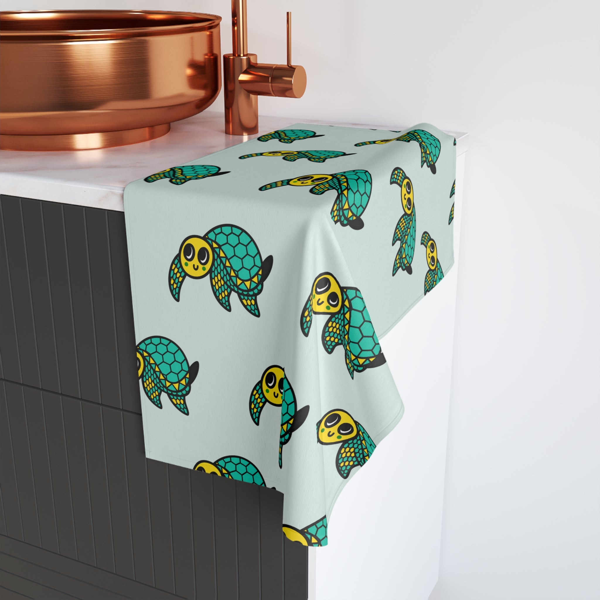 Hand-Drawn Cute Sea Turtle Hand Towel, Coastal Bathroom Decor, Whimsical Ocean Kitchen Towel, Turtle Tea Towel, Beach House Gift