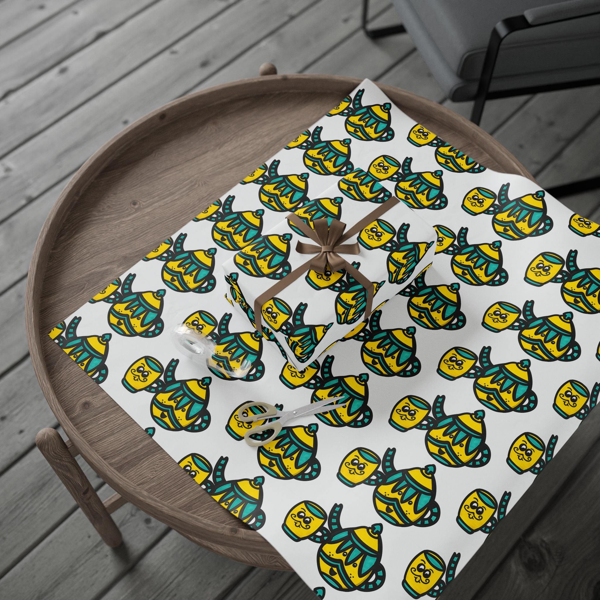 Hand-Drawn Teal and Yellow Teapot Pattern Wrapping Paper | Cute Mustache Tea Party Gift Wrap