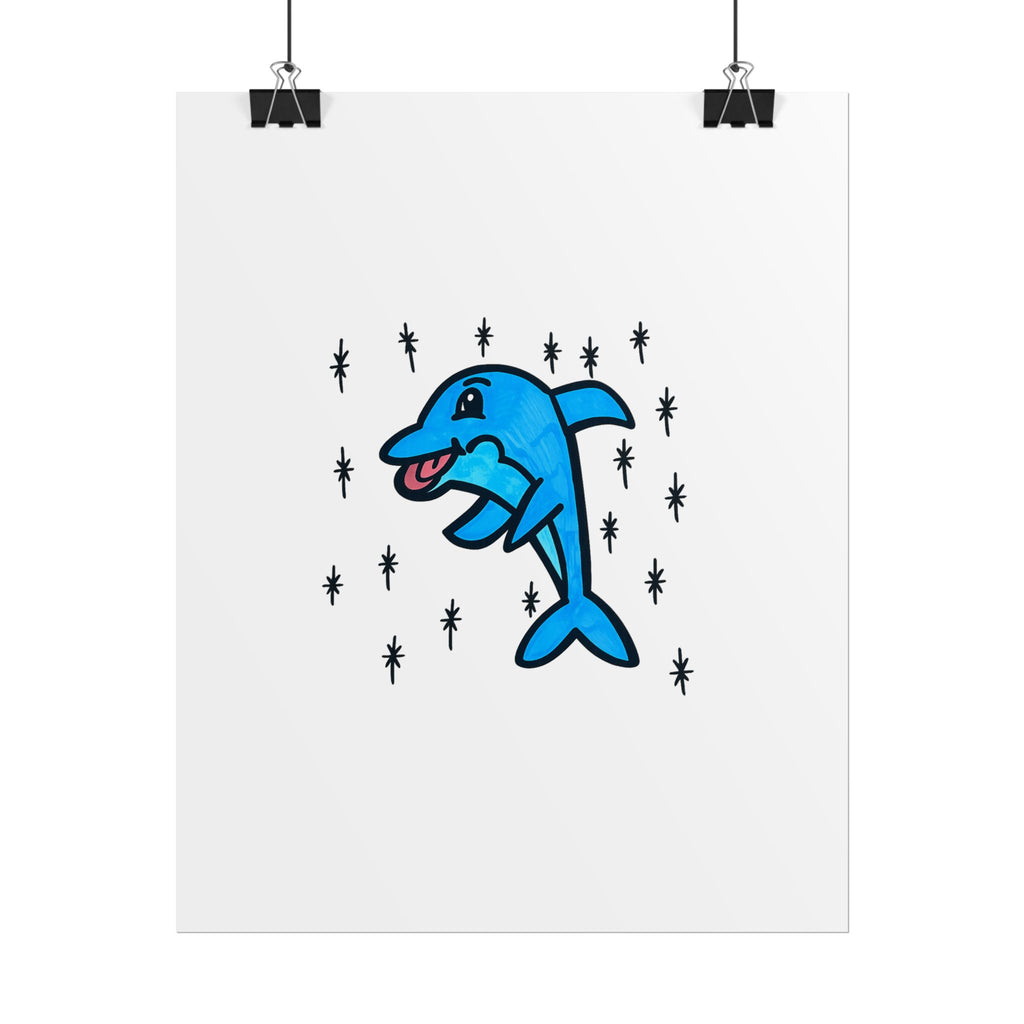 Hand-Drawn Cute Blue Dolphin Rolled Poster | Cartoon Sea Life Wall Art
