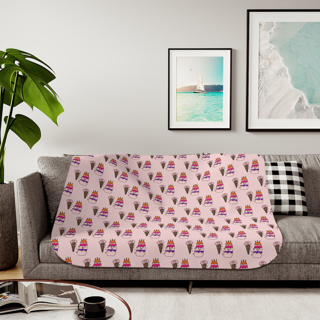 Hand-Drawn Pink Ice Cream Cone and Cake Pattern Sherpa Blanket | Cute Dessert Print