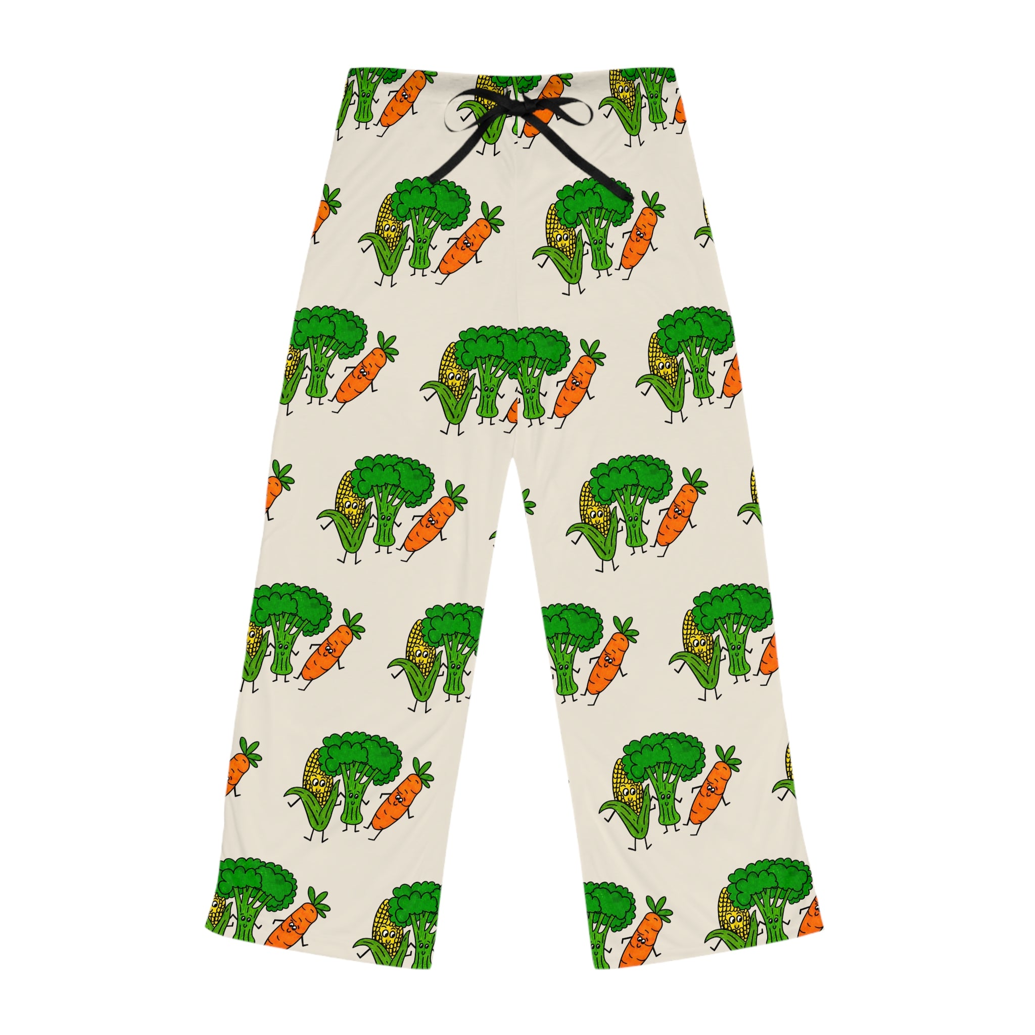Hand-Drawn Broccoli, Corn, and Carrot Pattern Pajama Pants | Vegetable Print Lounge Pants