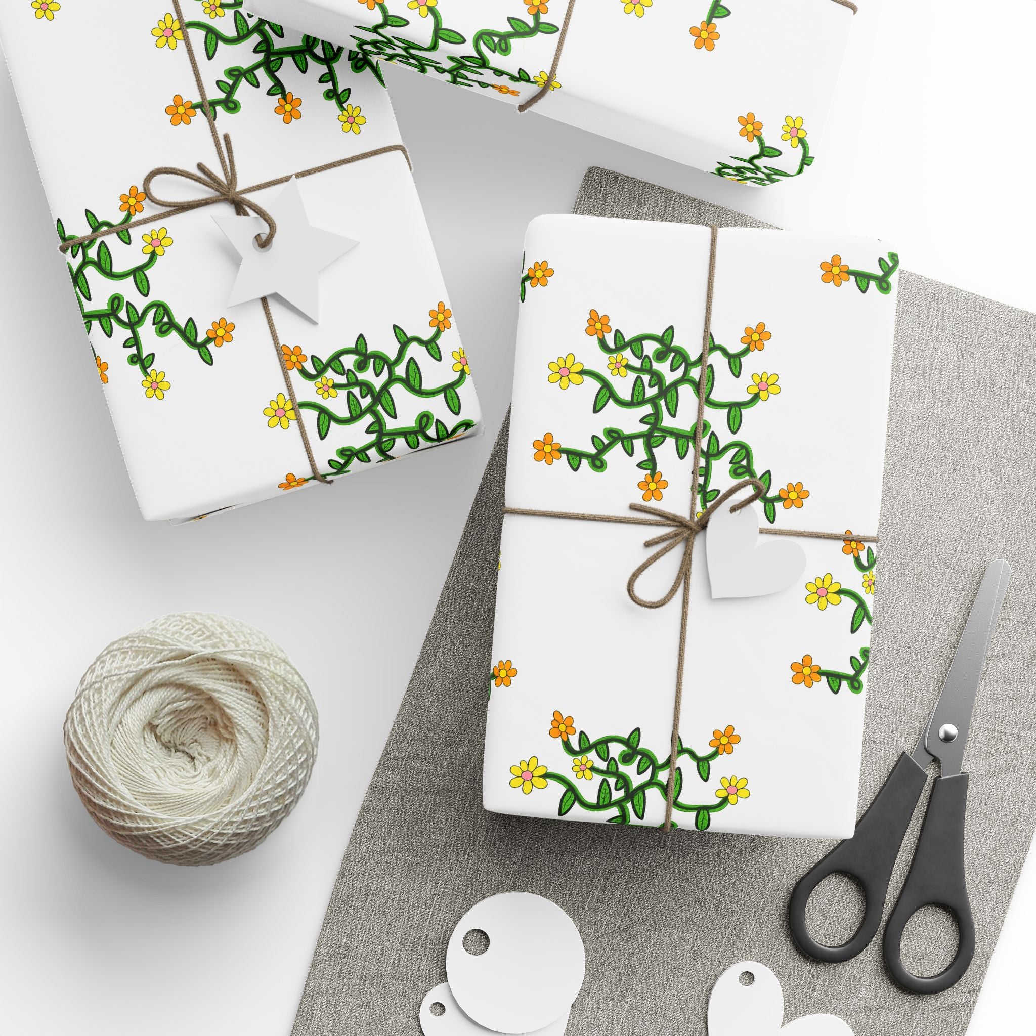 Hand-Drawn Yellow Orange Pink Flowers on Green Vine Wrapping Papers