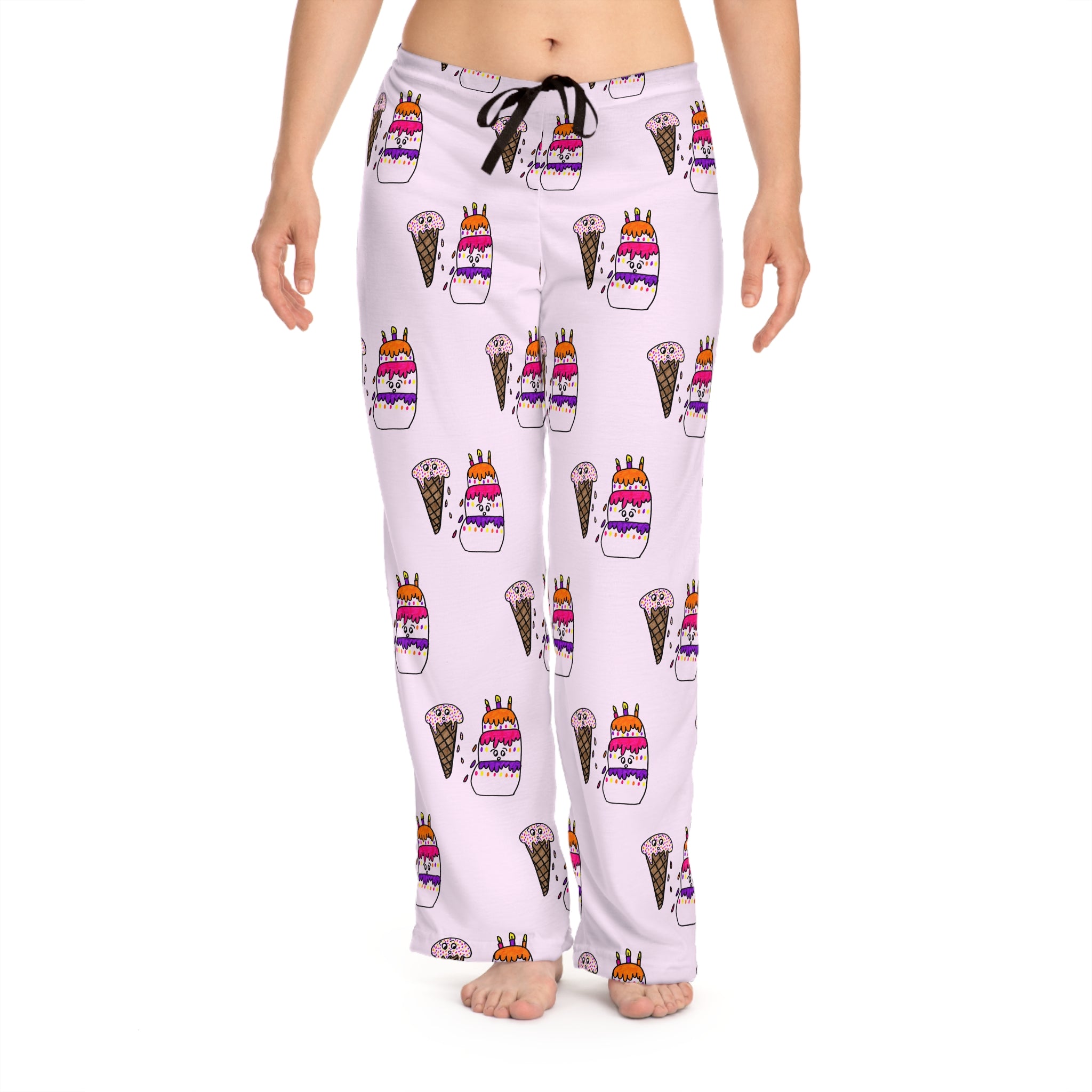 Hand-Drawn Ice Cream Cone and Cake Birthday Pattern Pajama Pants | Pink All-Over Print